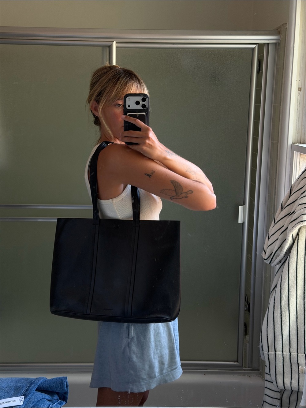 Building Block Black Leather Tote Bag with Top Handles